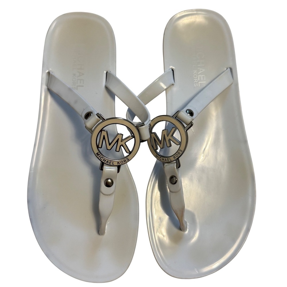 Michael Kors White Jelly Thong Sandals MK Logo‎ Flat Flip Flops Womens Size 6M